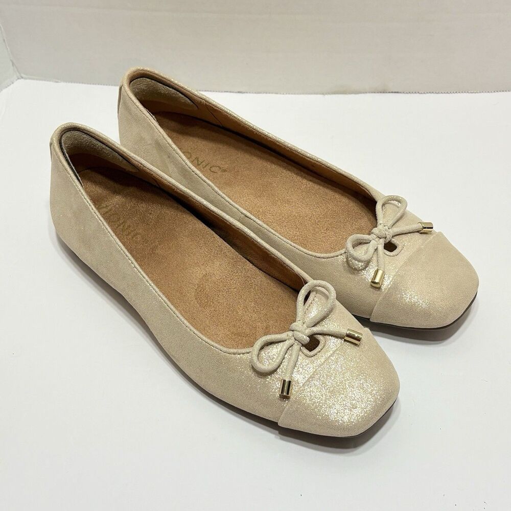 Vionic Women's Klara Ballet Flats Size 8 Gold metallic leather Slip On Coquette